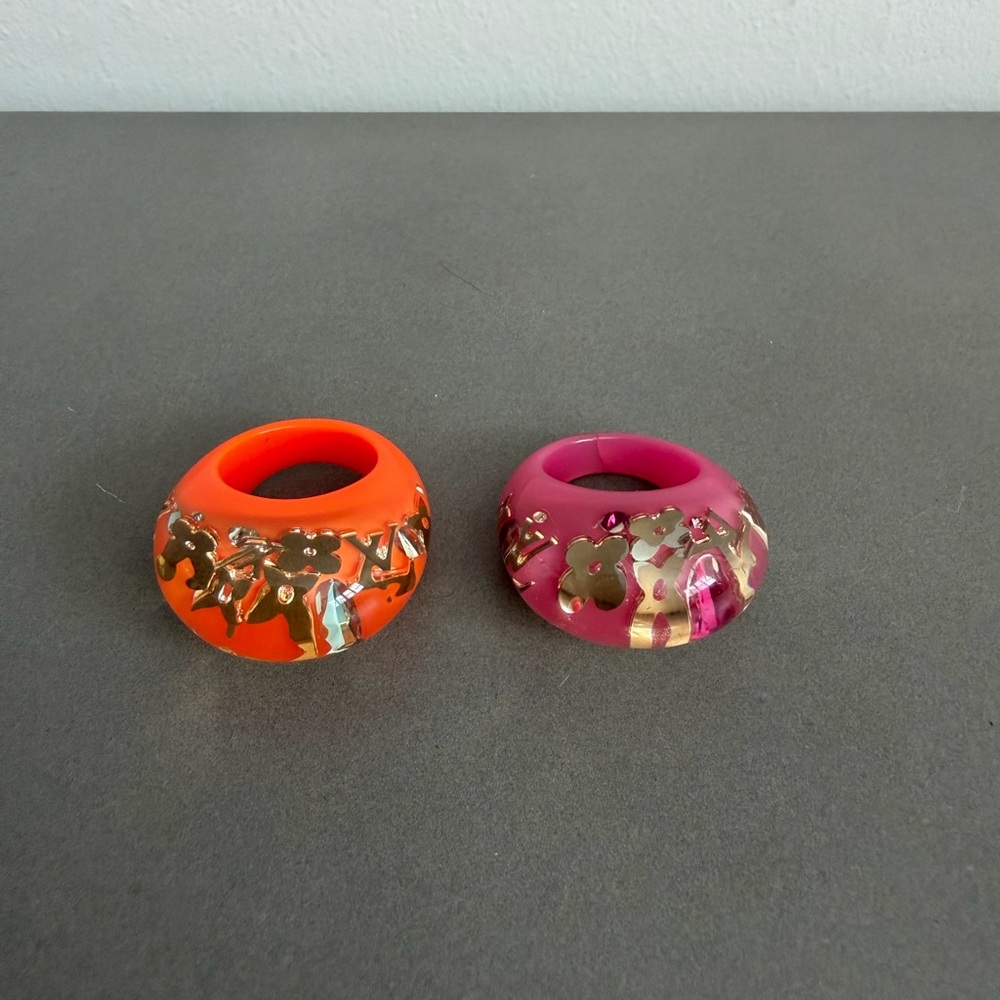 Two Louis Vuitton Monogram Berg Inclusion Rings in Orange and Pink, Medium Size